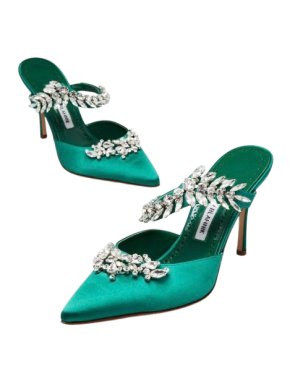 Manolo Blahnik Embellished Green Satin Mules 1