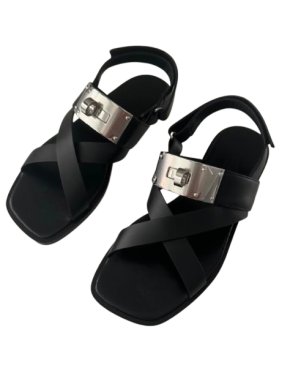 Hermes Black Leather Ines Sandals 1