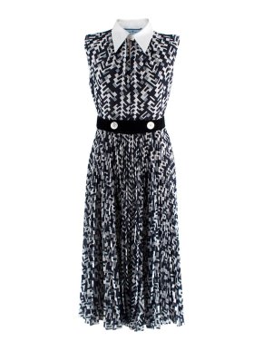 Prada Geometic Navy Pleated Dress with Velvet Belt 1