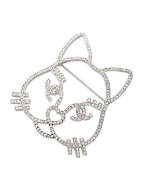 Chanel Silver Crystal Cat Brooch Pin 1