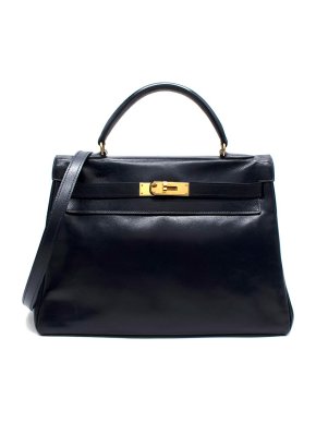 Hermes Navy Box Kelly 32 with Gold Hardware With Spa Receipt 1