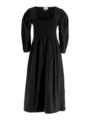 Ganni Black Cotton Poplin Open Neck Smock Midi Dress 1