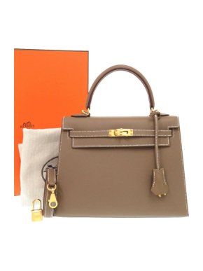HERMÈS  Epsom Kelly 25 Etoupe with White Contrast Stitching and Gold Hardware 1