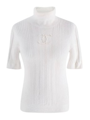Chanel Faux Pearly and Crystal CC  Short Sleeved Ribbed Knit Top 1