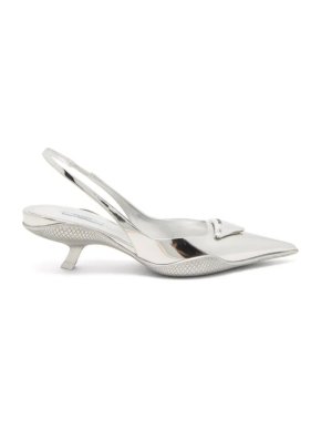 Prada TSilver riangle-Logo Plaque Leather Slingback Pumps 1