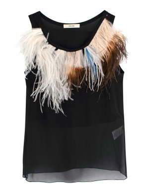Celine Black Silk Tank Top with Ostrich Feather Trim Sheer Top 1