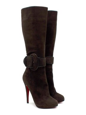 Christian Louboutin Brown Suede Heeled Boots with Buckle Detail 1