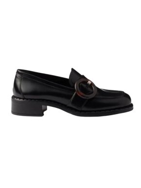 Prada Black Leather Circular Buckle Loafers 1