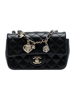 Chanel Black Lambskin Mini Rectangular Classic Valentines Heart Charms Single Flap