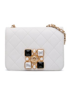 Chanel White Small CC Quilted Calfskin Crystal Pearl Full Flap