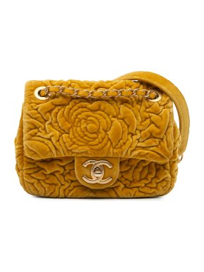 Chanel Mustard Mini Square Velvet Camellia Embossed Flap
