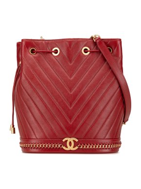 Chanel Red Lambskin Paris Cosmopolite Medium Chevron Bucket Bag