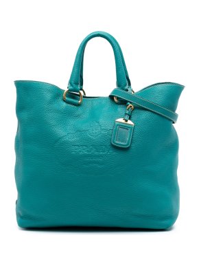 Prada Teal Vitello Daino Canapa Logo Open Convertible Tote