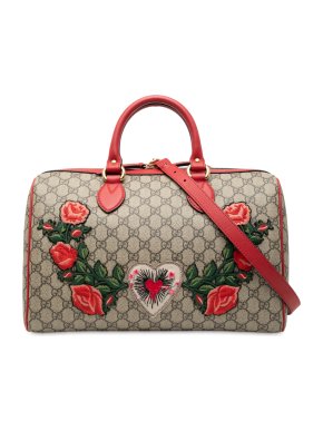 Gucci Floral Applique Medium GG Supreme Embroidered Satchel