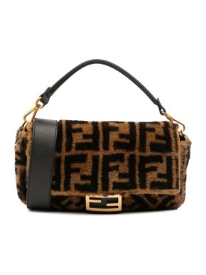 Fendi Brown Medium Zucca Shearling Baguette Satchel
