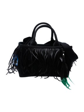 Prada Black Small Feather Trimmed Canvas Canapa Satchel