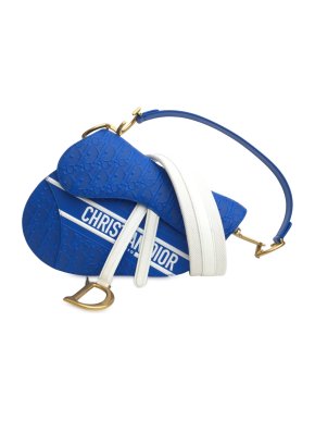 Dior Blue Perforated Oblique Embossed Calfskin Saddle Bag