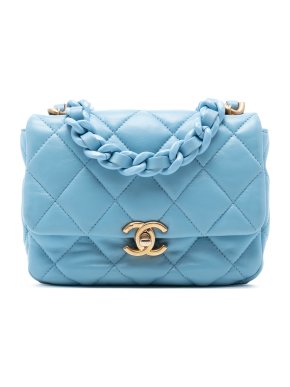 Chanel Blue Mini Quilted Lambskin Lacquered Chain Flap