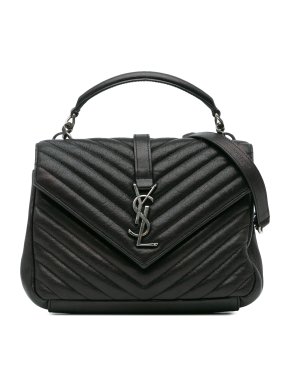 Saint Laurent Black Medium Quilted Chevron Sheepskin College Satchel