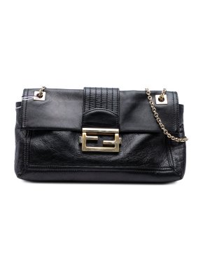 Fendi Black Leather Baguette Chain Flap Crossbody