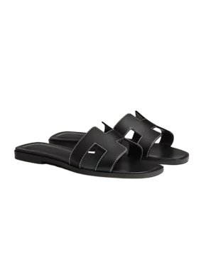 Hermes Black Leather Oran Sandals