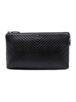 Chanel Black Chevron Caviar Zip Clutch