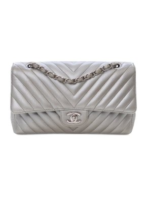 Chanel Silver Medium Classic Chevron Caviar Double Flap