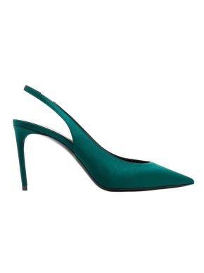 Saint Laurent Dorian Green Satin Heeled Slingback Shoes