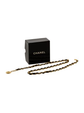 Chanel Black Leather Woven Gold Plated CC Medallion Chain Belt