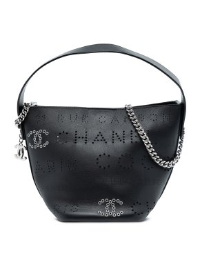 Chanel Black Small Perforated Calfskin Logo Eyelet Bucket Bag