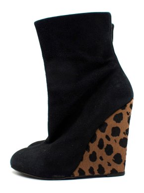 Giuseppe Zanotti Black Suede Wedge Ankle Boots Leopard Print Heel