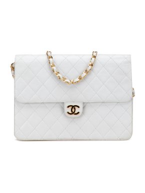 Chanel White CC Quilted Lambskin Single Flap