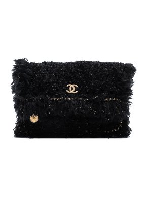 Chanel Black Paris Cosmopolite Tweed Fringe Clutch