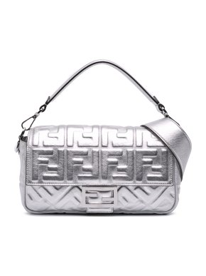 Fendi Silver Zucca Embossed Leather Baguette Satchel