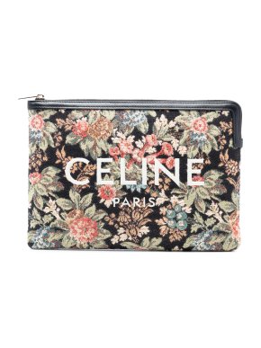 Celine Floral Tapestry Jacquard Calfskin Logo Pouch