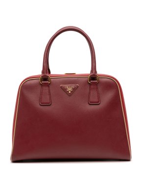 Prada Dark Red Saffiano Lux Pyramid Frame Top Handle Bag