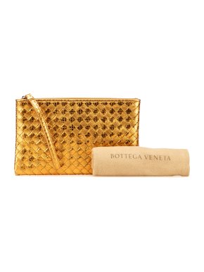 Bottega Veneta Gold Metallic Leather and Snake Skin Intrecciato Wristlet Clutch