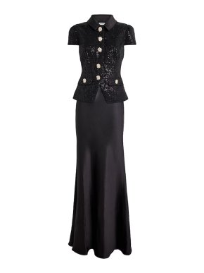 Self Portrait Black Sequin Boucle Satin Maxi Dress