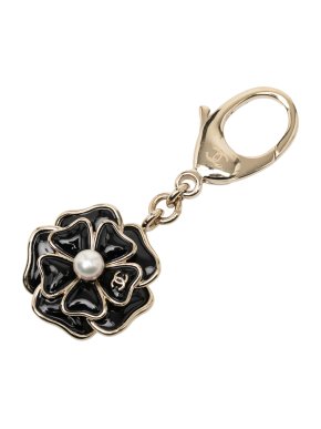 Chanel Black Enamel Camellia and Faux Pearl Key Chain