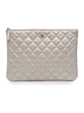 Chanel Silver Medium Quilted Metallic Caviar O Case Clutch