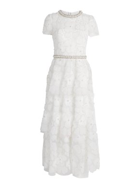 Self Portrait White Embellished Tulle Midi Dress