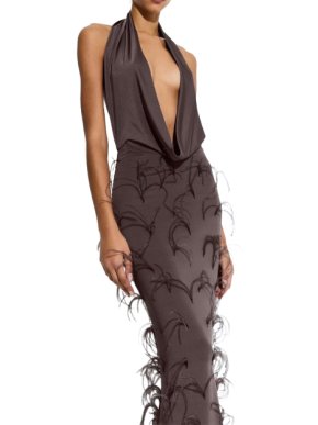 Lapointe Lightweight Jersey Deep Cowl Neck Gown With Feathers
