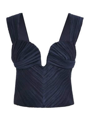 Cult Gaia Navy Blue Pleated Sweetheart-Neck Top