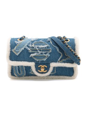Chanel Blue Medium Shearling Denim Egypt Hieroglyph Single Flap