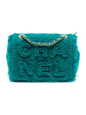 Chanel Turquoise Small Wool Tweed Giant Logo Flap