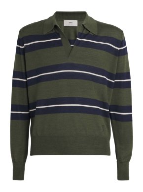 Ami Paris Green Wool-Silk Stripe Polo Shirt