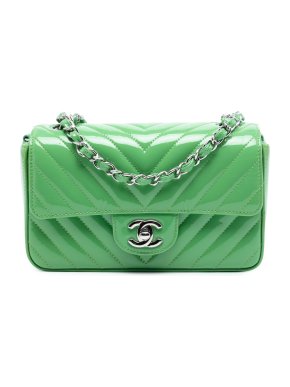 Chanel Green Mini Rectangular Classic Chevron Patent Single Flap