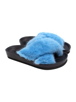 Vizali Blue MInk Fur Cross Over Slides