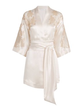 Carine Gilson Silk Lace-Trim Short Kimono Robe