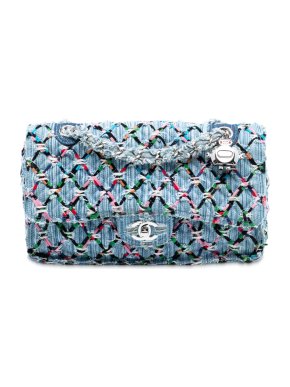 Chanel Blue Medium Denim Rainbow Woven Stitch Quilted Robot Charm Single Flap